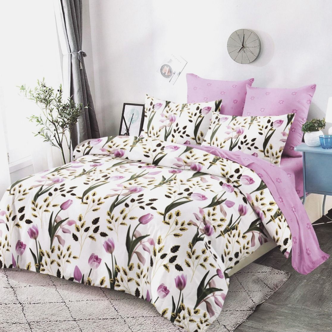 lenjerie alb roz cu lalele