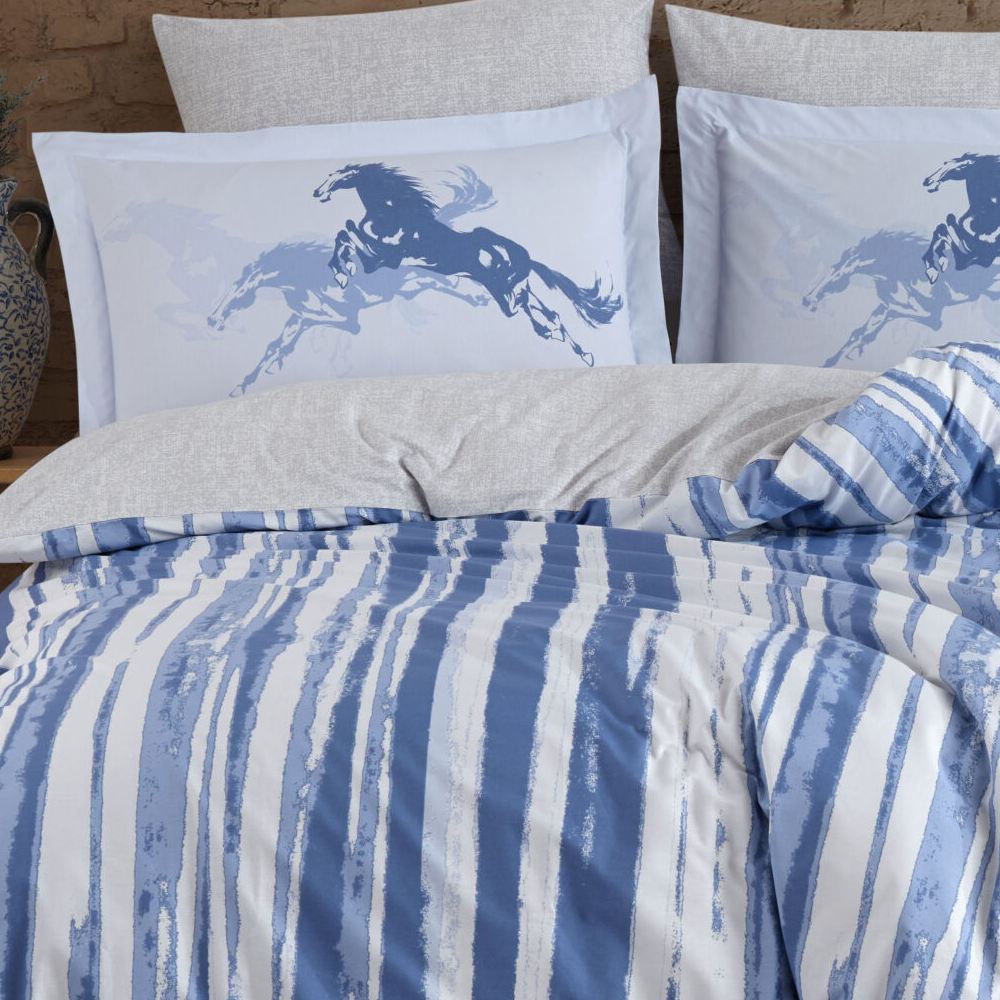 Lenjerie de pat din Bumbac 100% Poplin, 4 Piese, Pat 2 Persoane - Hobby - CASCADE - MAVI - imagine 2