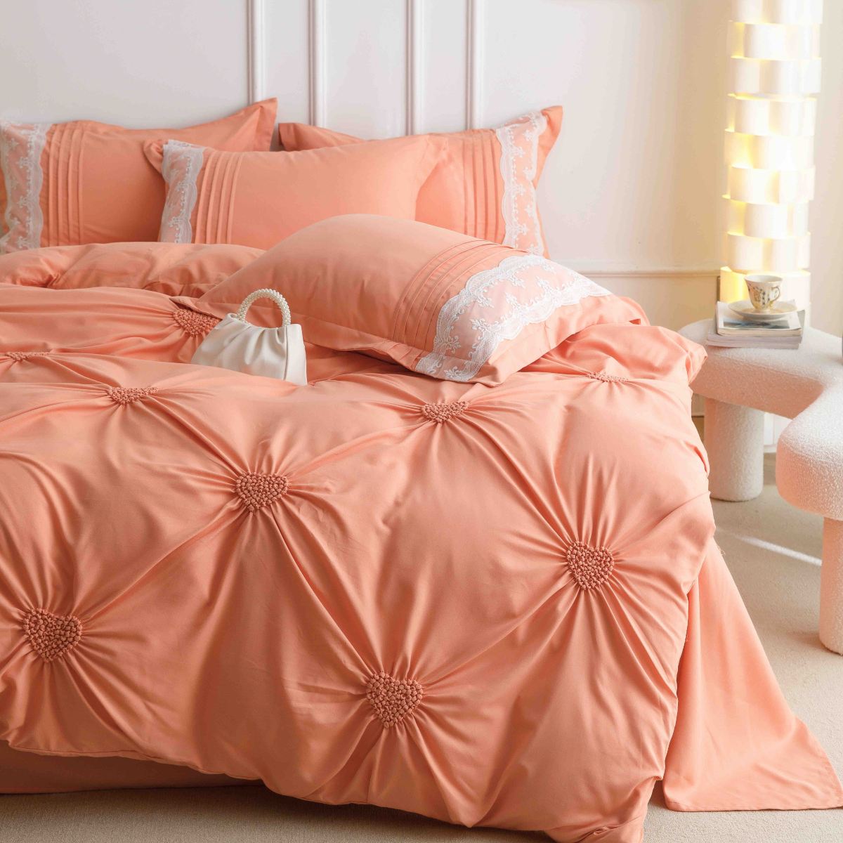 lenjerie pliuri inimioare piersica