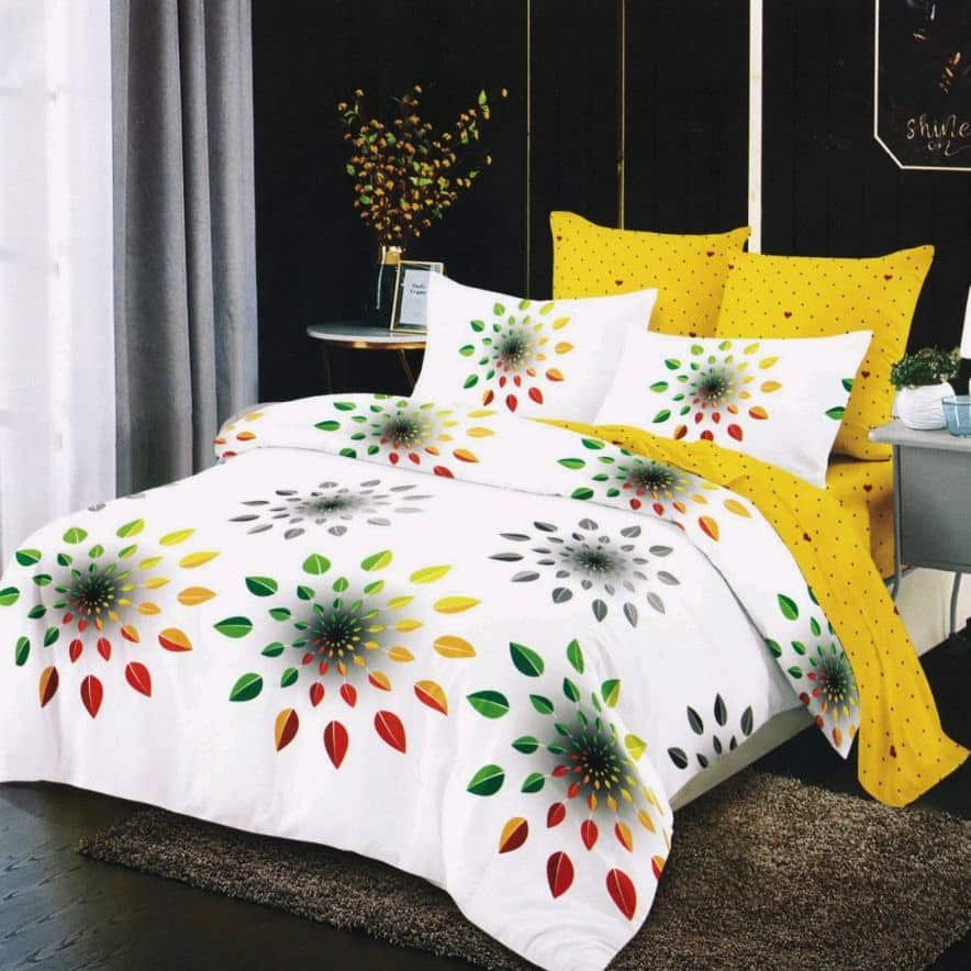 lenjerie alb galben cu flori multicolore