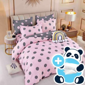 pachet lenejrie-de-pat-finet-roz-cu-buline-gri