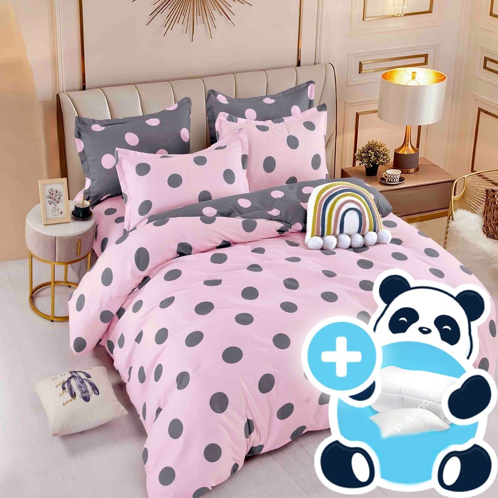 pachet lenejrie-de-pat-finet-roz-cu-buline-gri