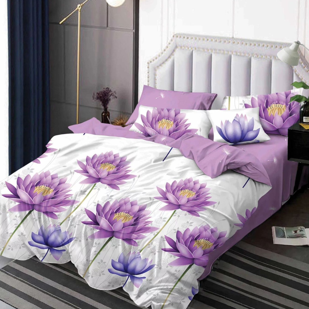 lenjerie de pat finet alba cu flori mov