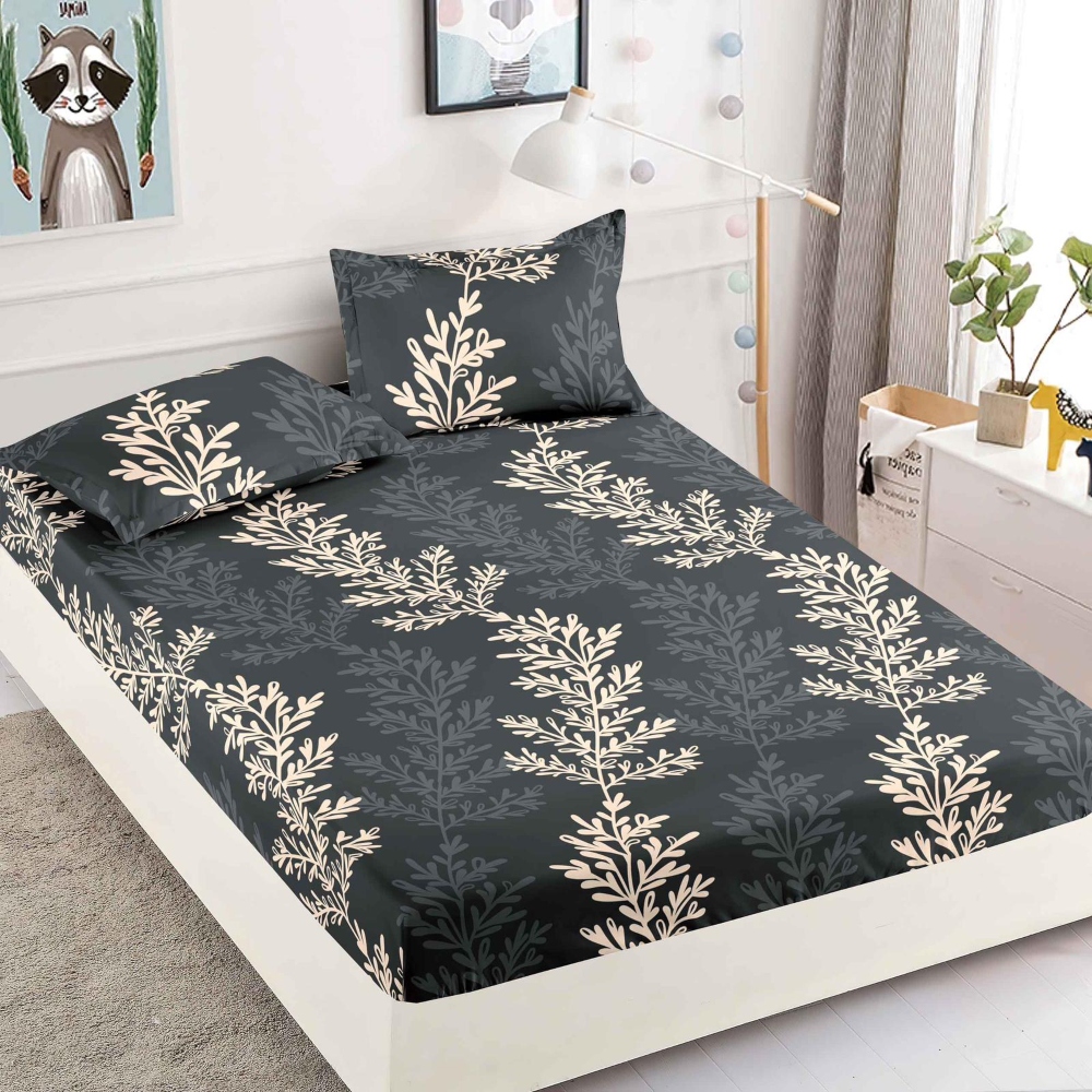 husa de pat finet gri cu frunze