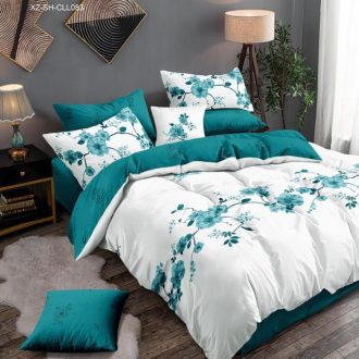 lenjerie de pat finet alba cu flori turcoaz