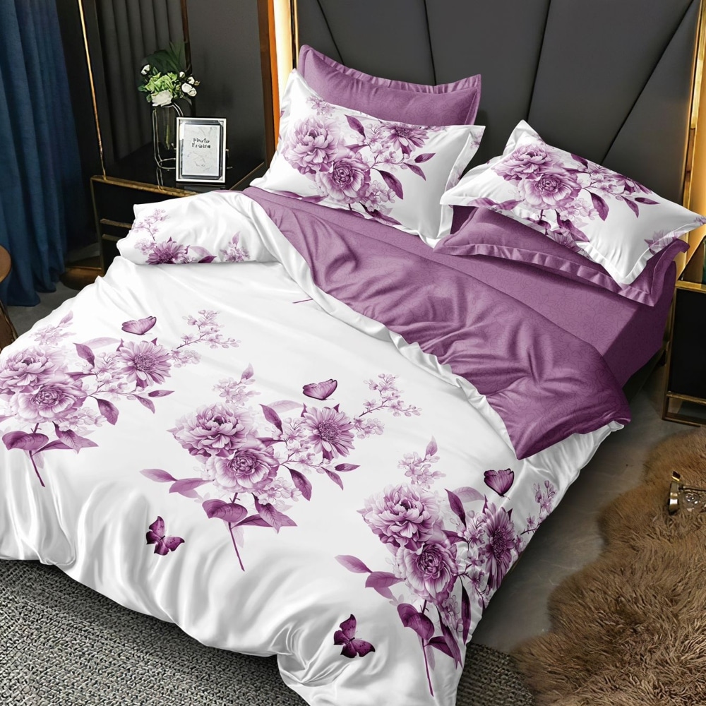 lenejrie de pat finet alba cu trandafiri mov