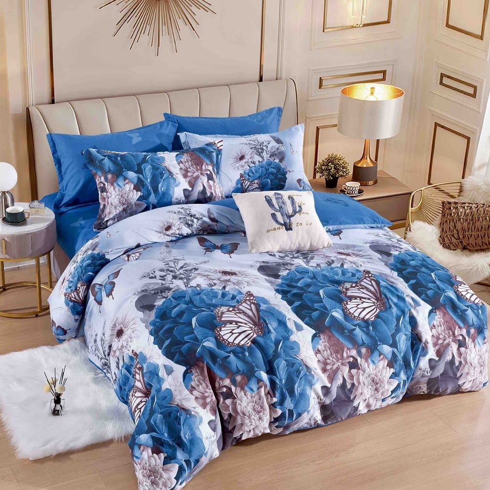 lenejrie de pat finet albastra cu fluturi