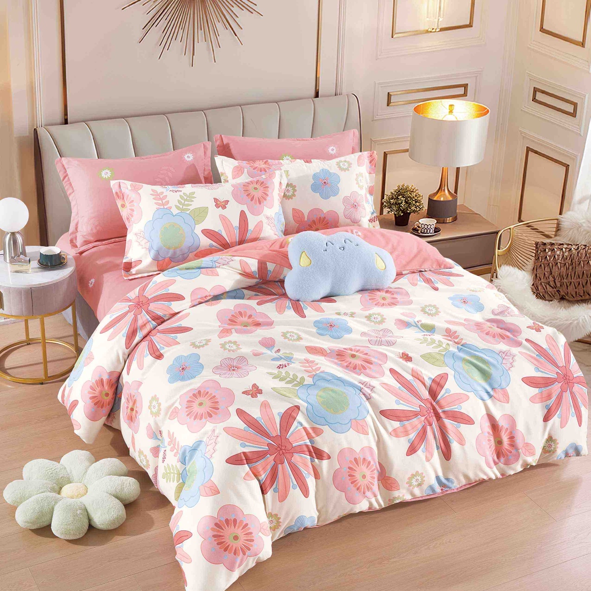 lenjerie alb roz cu floricele