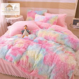 lenjerie fluffy multicolor degrade roz bleu galben