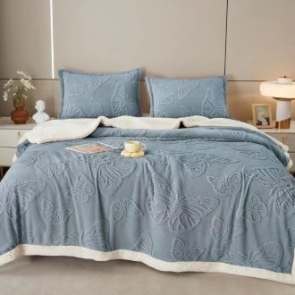 patura cu blanita fluturi tricot gri petrol