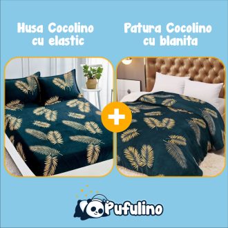 Set Patura cu blanita si husa de pat cocolino frunze smarald