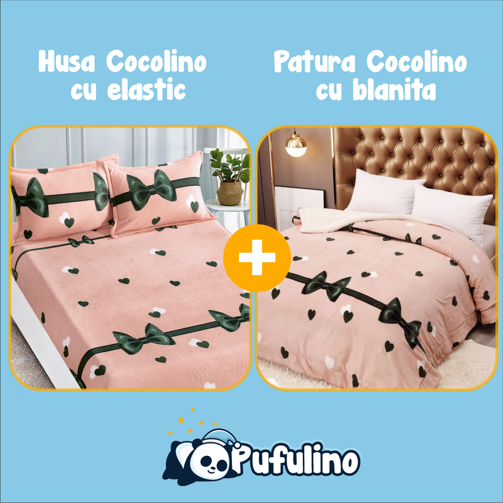 Set Patura cu blanita si husa de pat cocolino roz cu fundite