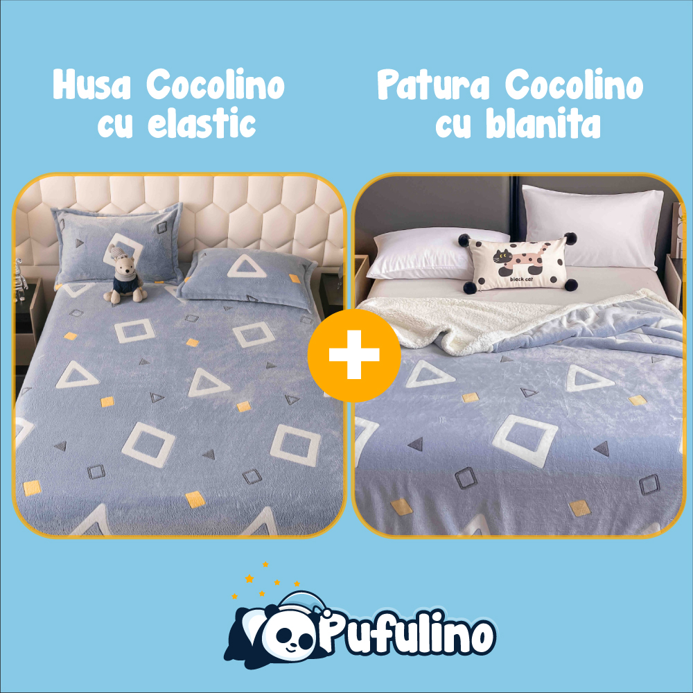 Set Patura cu blanita si husa de pat cocolino cu forme geometrice