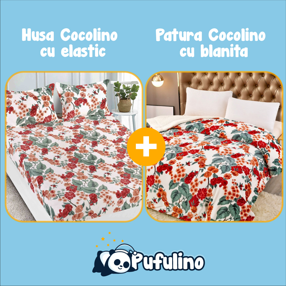 PACHET PROMO: Husa Cocolino cu Elastic si 2 Fete de Perna + Patura Cocolino cu Blanita - PUF175940