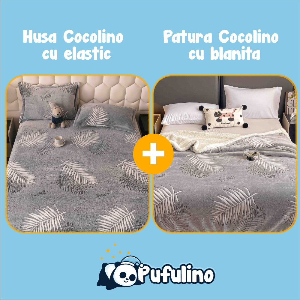 Set Patura cu blanita si husa de pat cocolino frunze