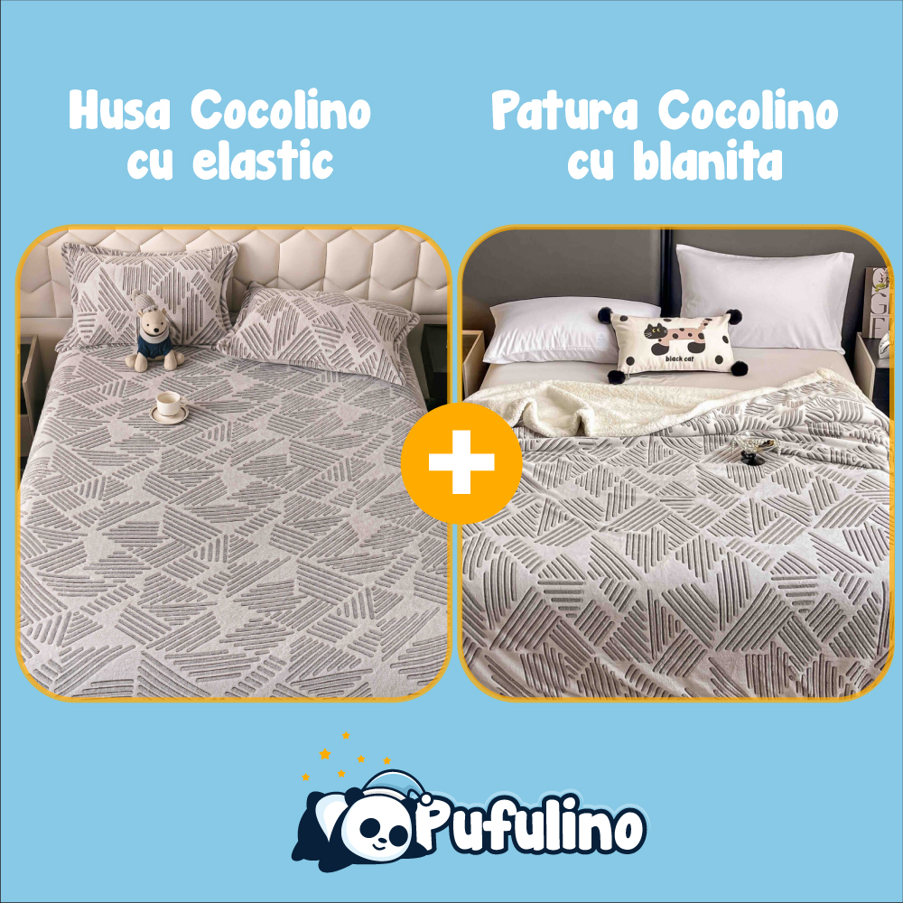 PACHET PROMO: Husa Cocolino cu Elastic si 2 Fete de Perna + Patura Cocolino cu Blanita - PUF175949