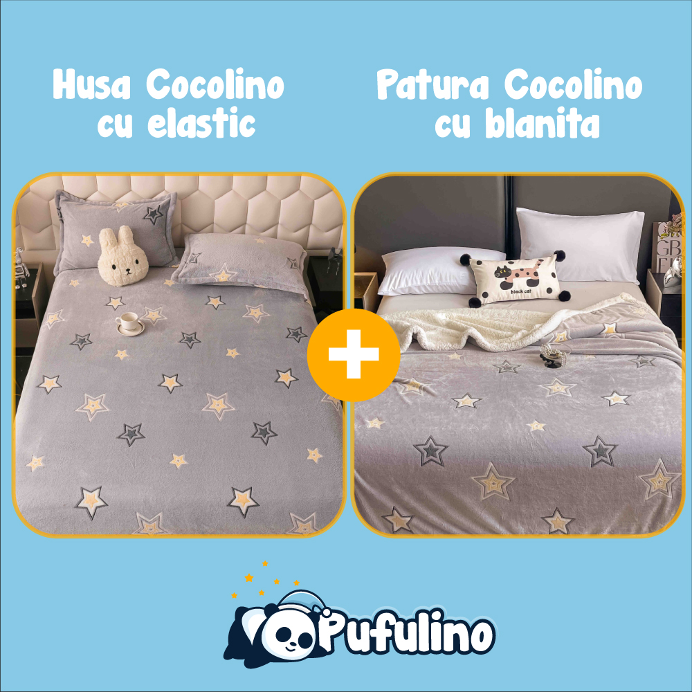 PACHET PROMO: Husa Cocolino cu Elastic si 2 Fete de Perna + Patura Cocolino cu Blanita - PUF175954