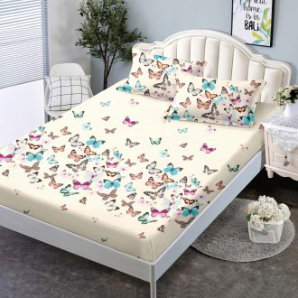 husa de pat 160 crem fluturi colorati