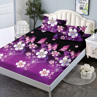 husa de pat 160 mov cu flori albe