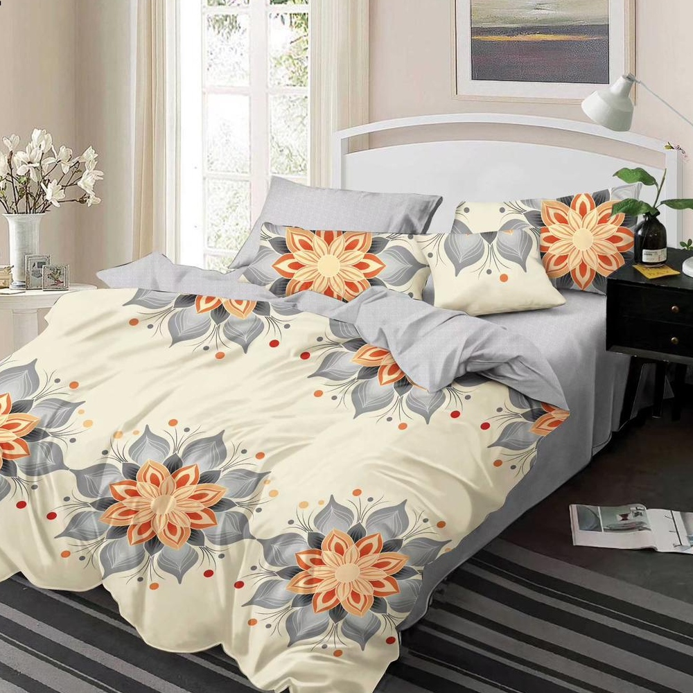 lenjerie crem gri cu flori portocalii