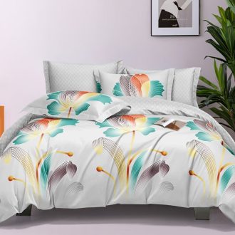 Lenjerie de Pat din Finet, 4 Piese, Pat 1 Persoana Alba cu Flori Multicolore - Super Elegant Pucioasa - PUF177892