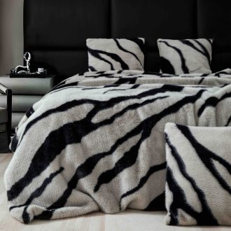 Set Pătură de Lux cu Fermoar din Blana Artificiala de Nurca + 2 Fete de Perna, Pat 2 Persoane, 200 x 230cm - Grey & Black - PUF183640-03