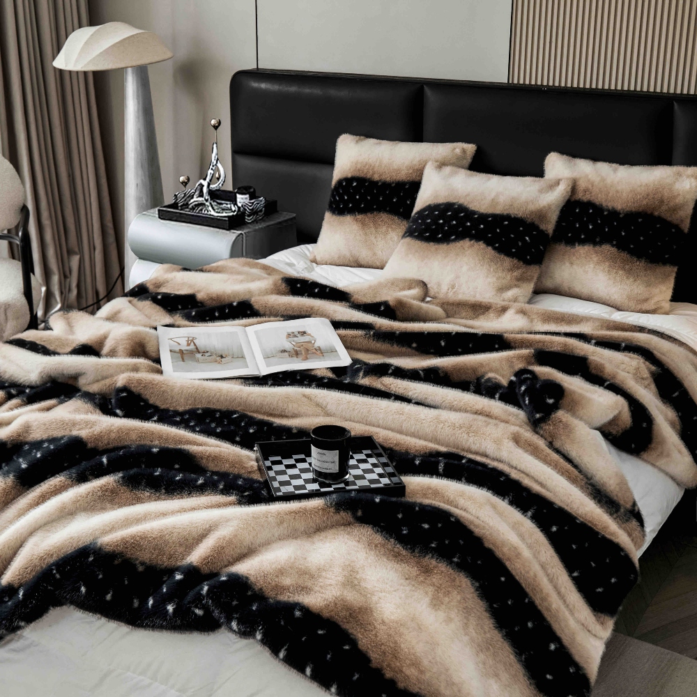 Set Pătură de Lux cu Fermoar din Blana Artificiala de Nurca + 2 Fete de Perna, Pat 2 Persoane, 200 x 230cm - Cashmere - PUF183606-02 - imagine 7