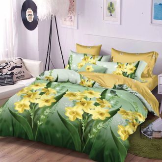 Set Lenjerie de Pat din Finet, Cearceaf cu Elastic, 4 Piese, Pat 2 Persoane Green Flowers - Sky Home - PUF182137