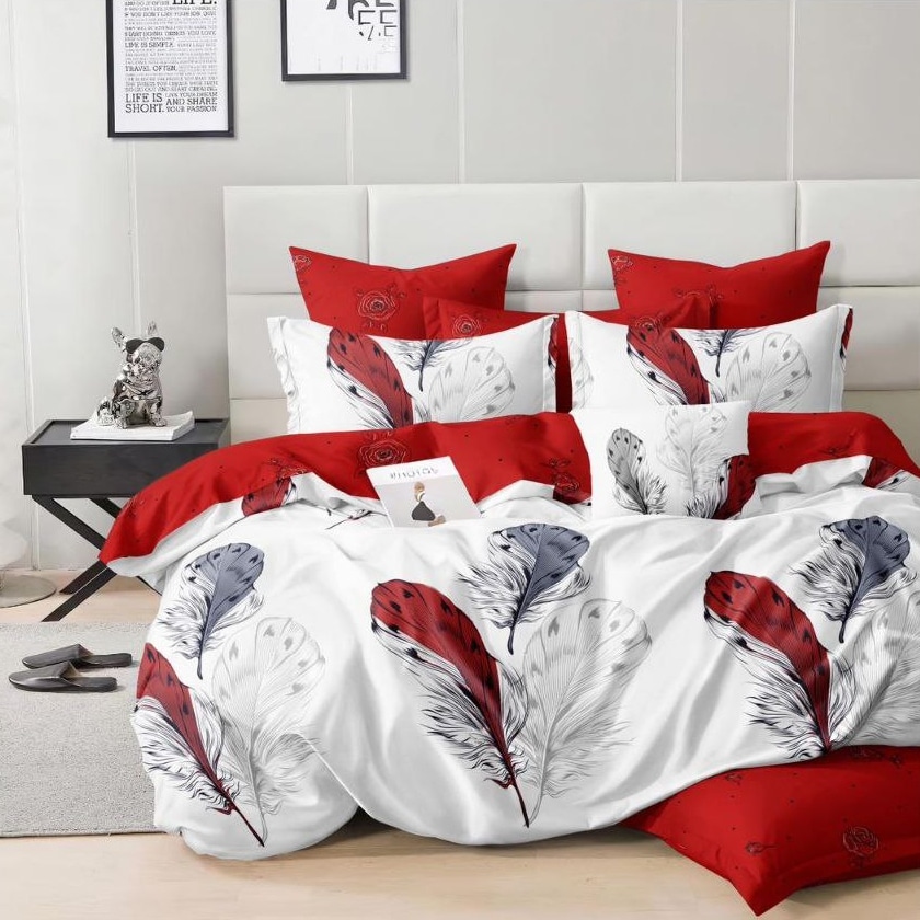 lenjerie alb rosie cu pene rosii gri