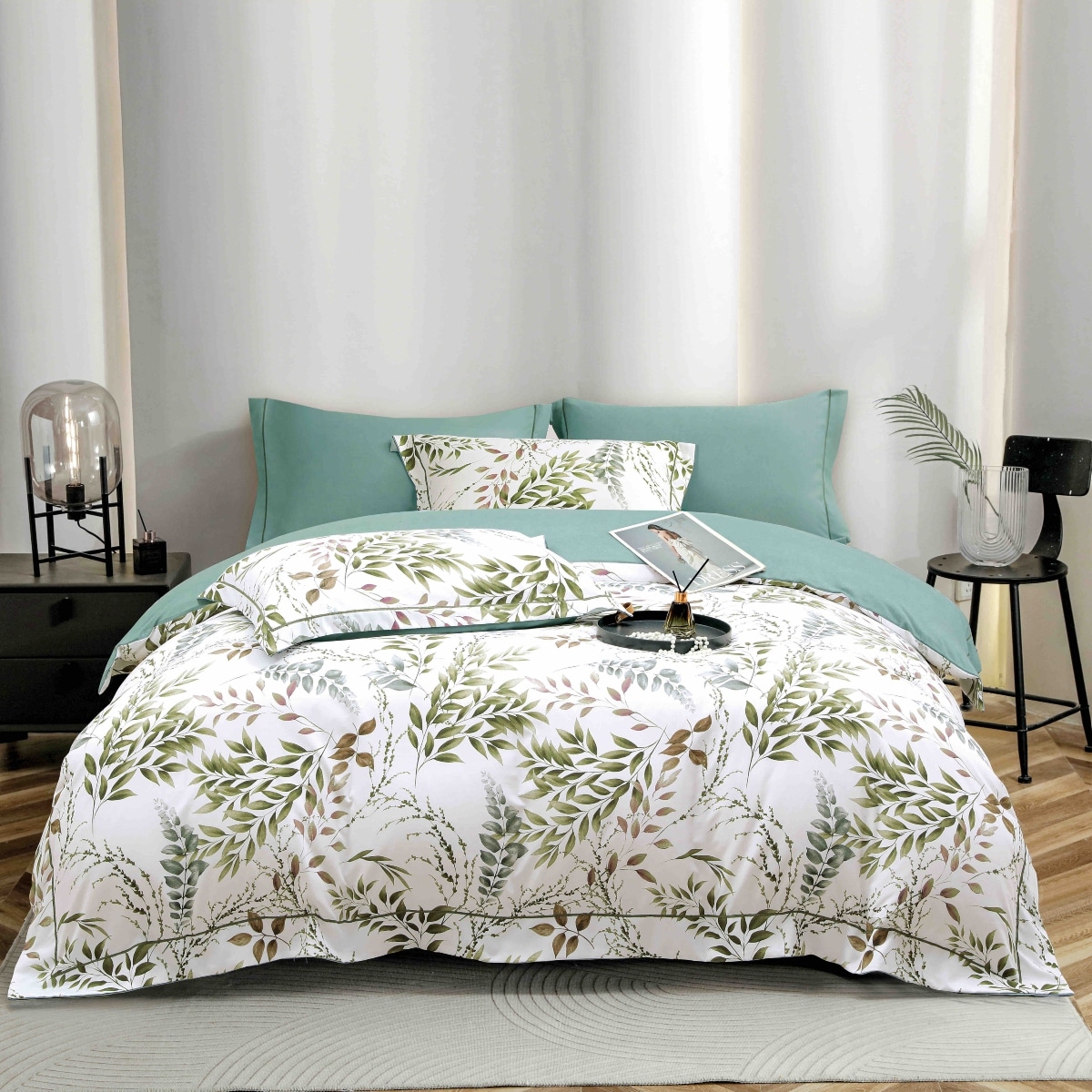 lenjerie la cutie din finet alb turcoaz cu frunze verzi