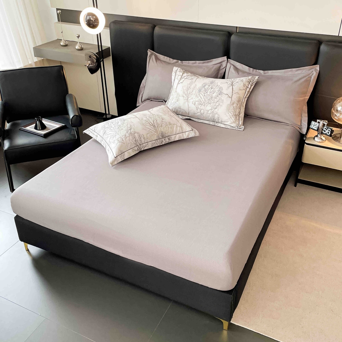 lenjerie la cutie din finet gri cu copacei cearceaf