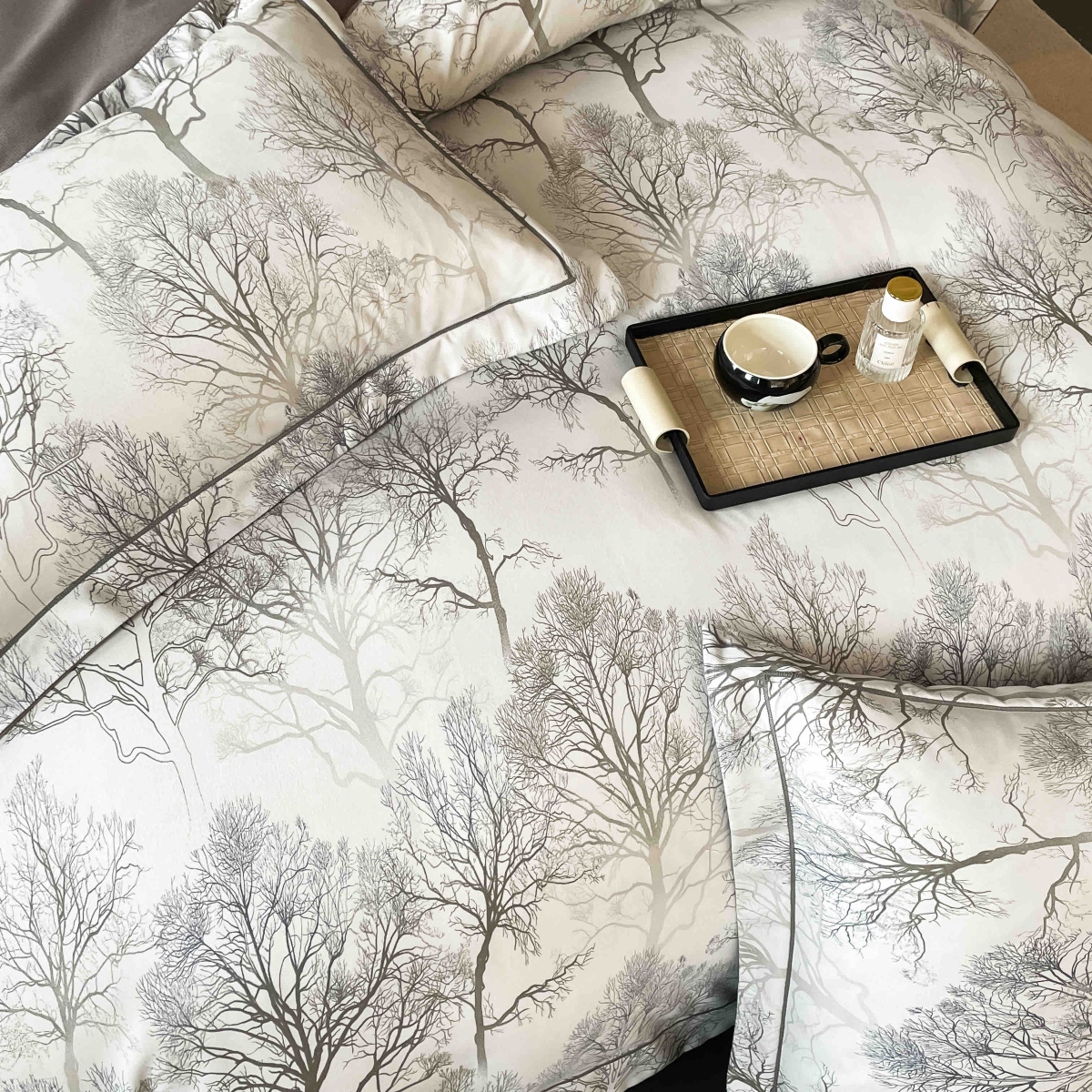 lenjerie la cutie din finet gri cu copacei sus