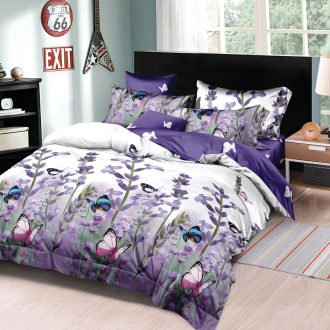 lenjerie 1 persoana cu elastic alb mov cu fluturi si lavanda