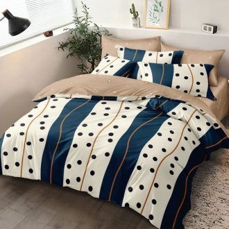 lenjerie 1 persoana cu elastic crem bleumarin cu dungi si buline