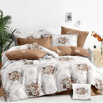 lenjerie 1 persoana cu elastic crem maro cu flori