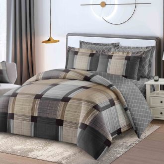 lenjerie 1 persoana cu elastic maro cu carouri