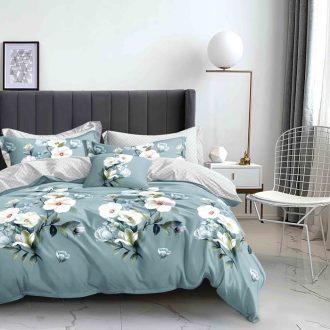 lenjerie 1 persoana cu elastic turcoaz cu flori albe