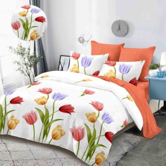 lenjerie alb portocalie cu lalele