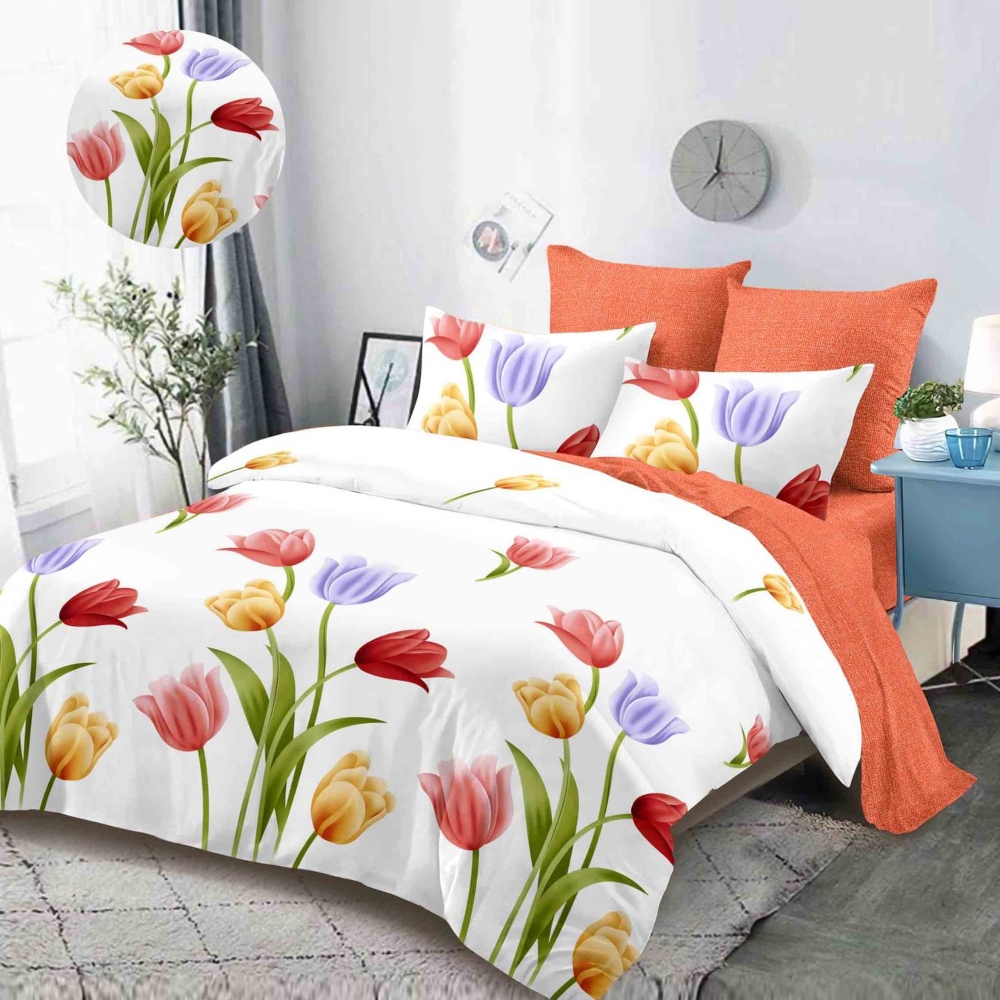 lenjerie alb portocalie cu lalele