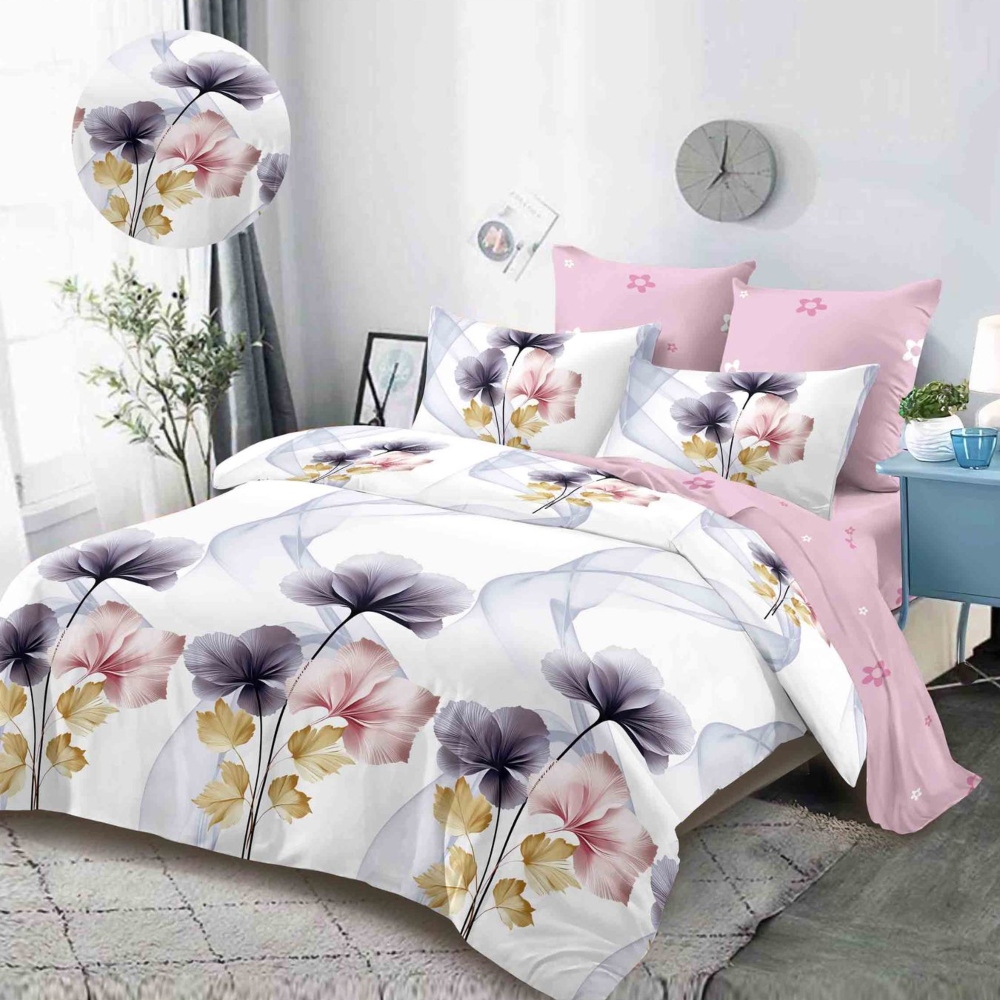 lenjerie alb roz cu flori mari