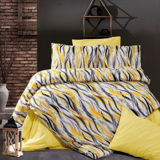 lenjerie bumbac ranforce galben gri cu dungi