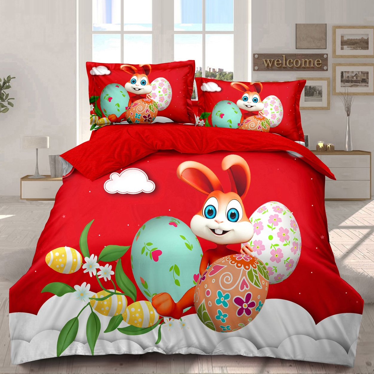 lenjerie de paste model 1 - rosie cu iepuras mare