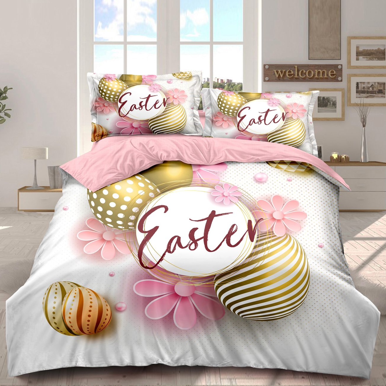 lenjerie de paste model 3 - alb roz cu oua de pasti