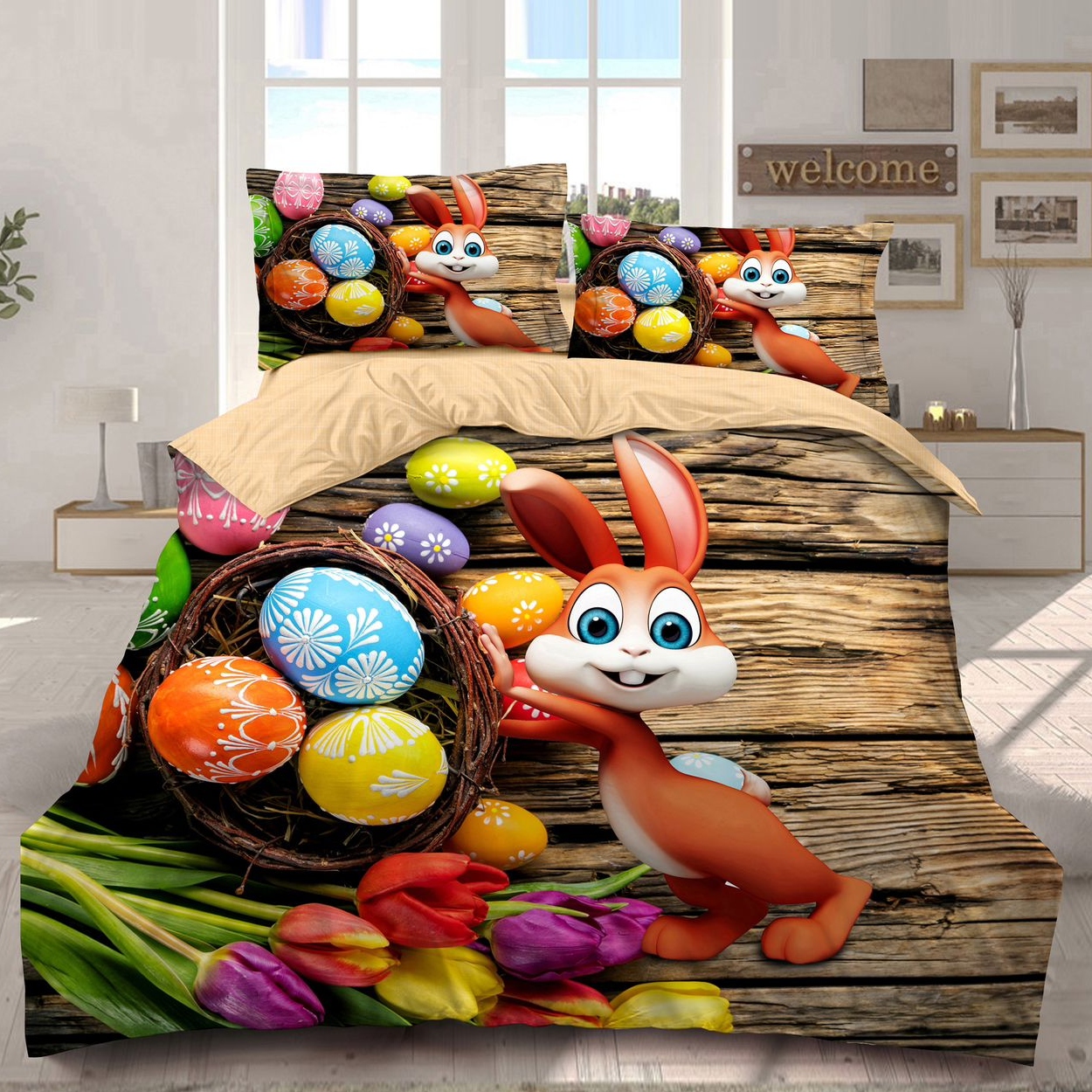 lenjerie de paste model 5 - 3d imitatie lemn cu oua colorate