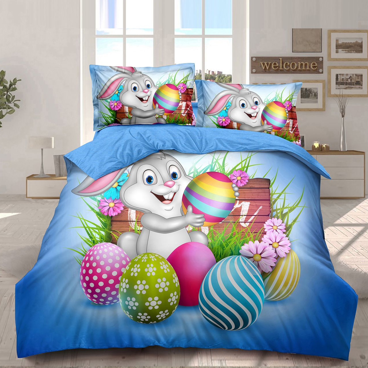 lenjerie de paste model 6 - albastra cu oua colorate