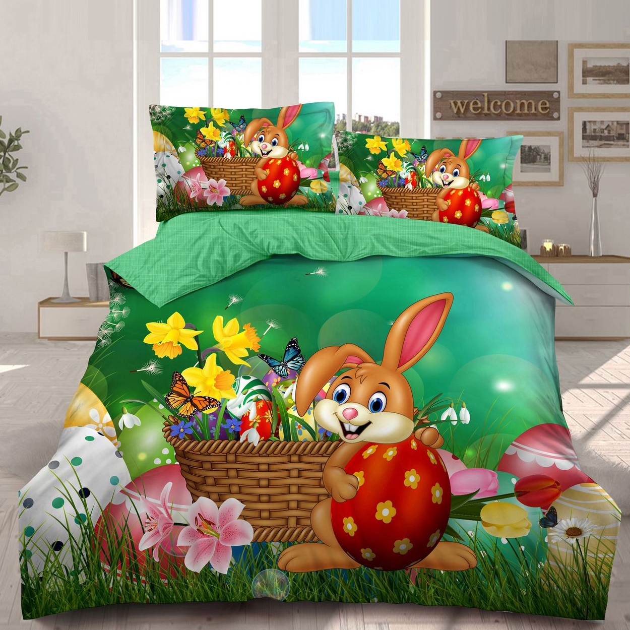 lenjerie de paste model 8 - verde cu iepuras vesel si floricele