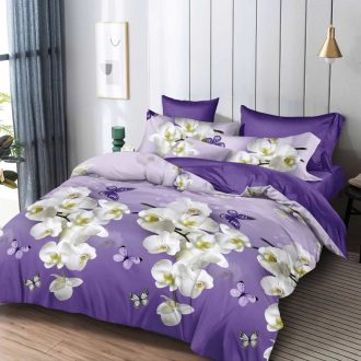 lenjerie mov cu flori albe de orhidee