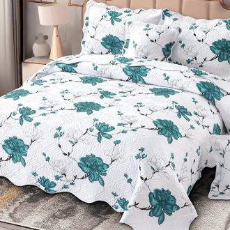 cuvertura alba cu flori de trandafir turcoaz